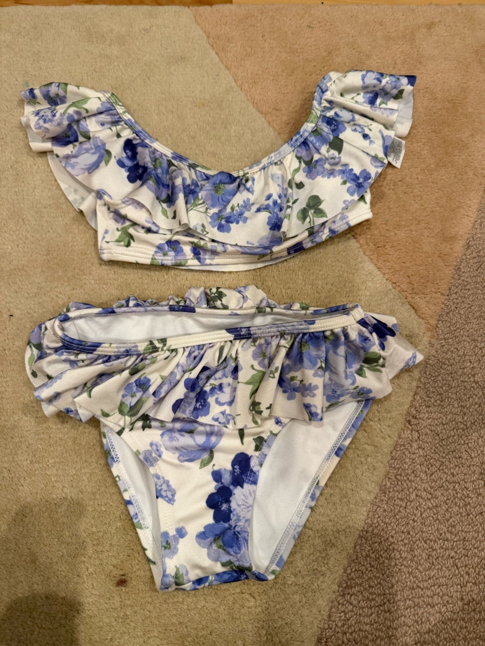 Janie and Jack White Floral Ruffle Bikini Set with Blue & Green Accents